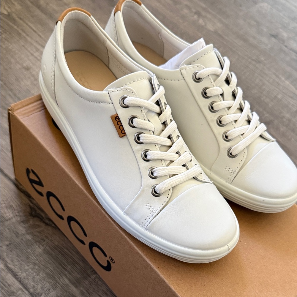 Ecco Soft 7 White Leather Low-Top Sneakers with Tan Heel Accent